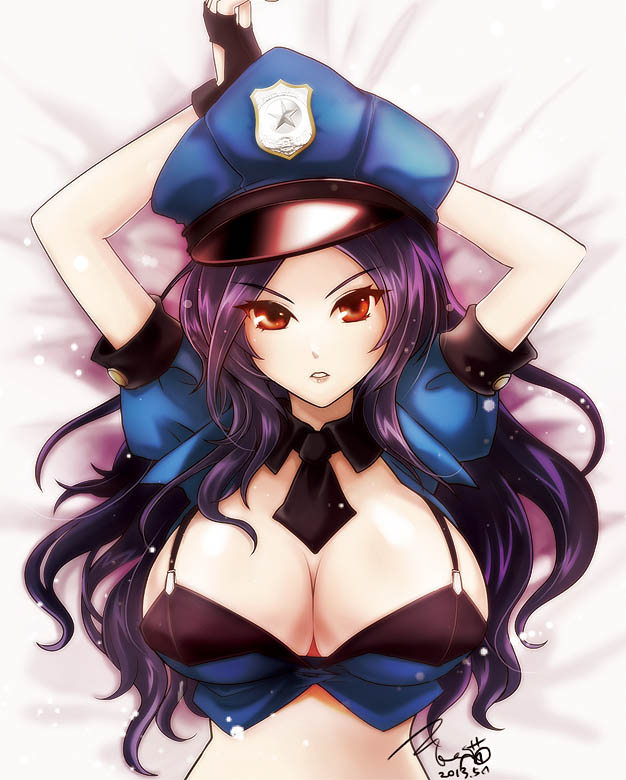 aa2233a bra breasts caitlyn_(league_of_legends) cleavage fingerless_gloves gloves hat huge_breasts league_of_legends looking_at_viewer officer_caitlyn peaked_cap police police_uniform purple_hair red_eyes solo underwear uniform