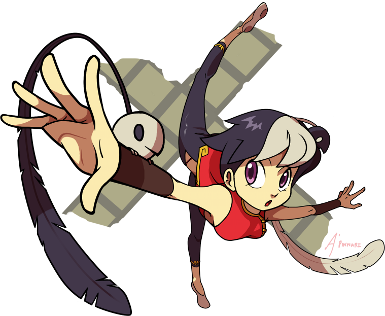 a-pinnari animal animal_on_arm animal_on_head artist_name balancing bare_shoulders bird bird_on_arm bird_on_head black_hair breasts capri_pants chinese_clothes feathers feng_(skullgirls) foreshortening full_body medium_breasts multicolored_hair on_head pants purple_eyes short_hair skullgirls solo standing standing_on_one_leg transparent_background two-tone_hair vambraces white_hair
