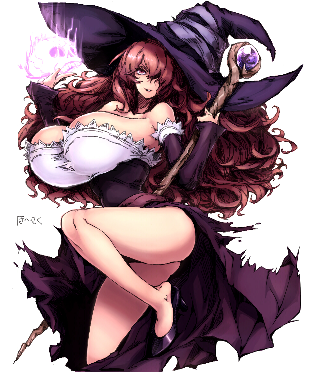 angelo_(gomahangetsu) bare_shoulders breasts brown_eyes brown_hair bursting_breasts detached_sleeves dragon's_crown dress hat hat_over_one_eye highres huge_breasts kneeling legs long_hair side_slit skull solo sorceress_(dragon's_crown) staff strapless strapless_dress thighs torn_clothes witch_hat