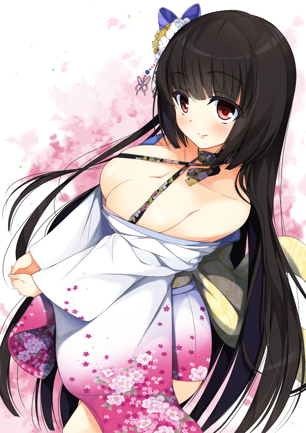 bare_shoulders black_hair blush breasts cleavage criss-cross_halter flower hair_flower hair_ornament hair_ribbon halter_top halterneck hands_together haru_(matatabi_sanjou) highres japanese_clothes kimono large_breasts long_hair looking_at_viewer off_shoulder original red_eyes ribbon smile solo takao_mishou