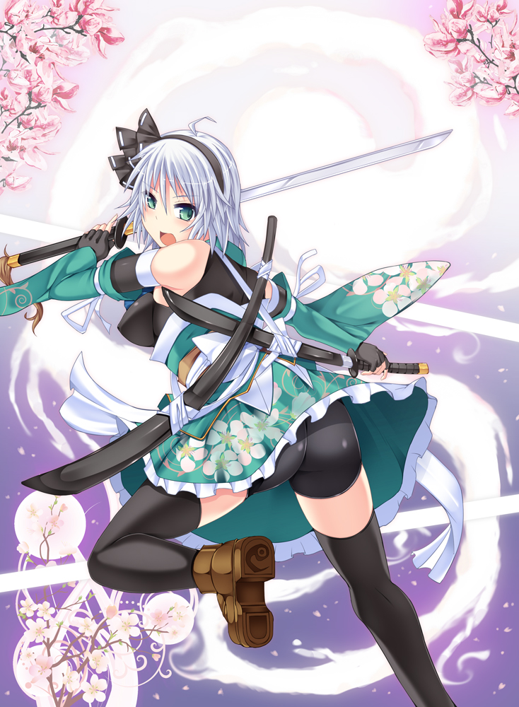 ass bare_shoulders bike_shorts black_hairband black_legwear cherry_blossoms dual_wielding from_behind green_eyes hairband hisui_(stapspats) holding katana konpaku_youmu konpaku_youmu_(ghost) silver_hair solo sword thighhighs touhou weapon