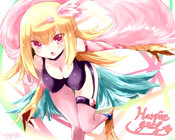 blonde_hair blush claws cleavage cleavage_cutout feathers hairband harpie_girl harpy large_breasts long_hair monster_girl purple_eyes tail_feathers thighhighs wings yu-gi-oh!
