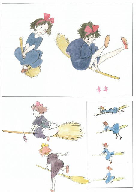 animal black_cat black_hair bow broom broom_riding brown_hair cat concept_art flats hair_bow hairband jiji_(majo_no_takkyuubin) kiki majo_no_takkyuubin multiple_views short_hair studio_ghibli witch