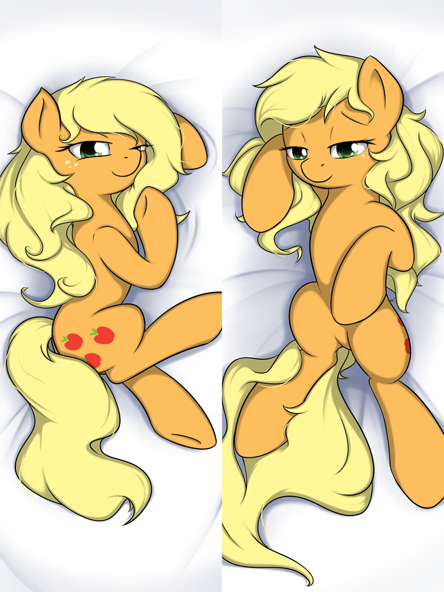 applejack_(mlp) blonde_hair cutie_mark equine female feral friendship_is_magic fur green_eyes hair hi_res horse inviting long_hair looking_at_viewer lying mammal my_little_pony on_back on_side orange_fur overhead pony seductive simple_background smile solo theparagon