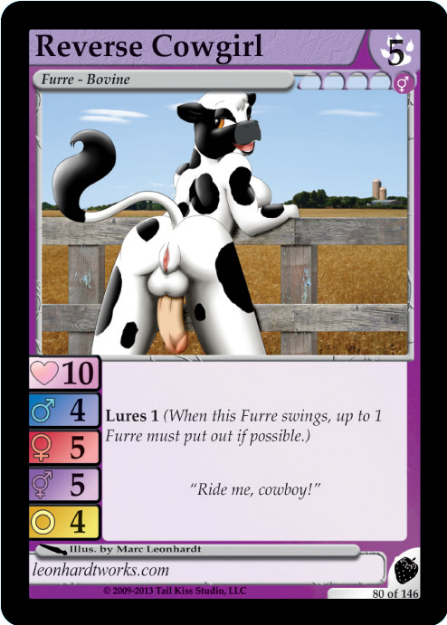 &#9792; &#9794; balls border bovine breasts brown_eyes card cattle farm fence furoticon genitals herm intersex invalid_tag looking_back mammal marc_leonhardt on_top outside penis pussy reverse_cowgirl_(furoticon) reverse_cowgirl_position sex solo tcg text