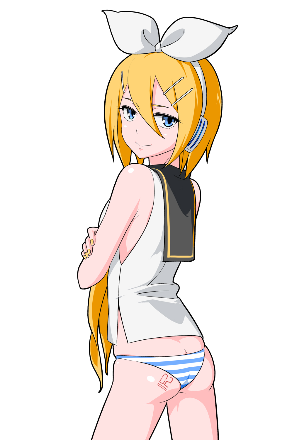 9aki ass blonde_hair blue_eyes bow butt_crack hair_bow hair_ornament hairband hairclip highres kagamine_rin long_hair no_pants panties solo striped striped_panties underwear vocaloid