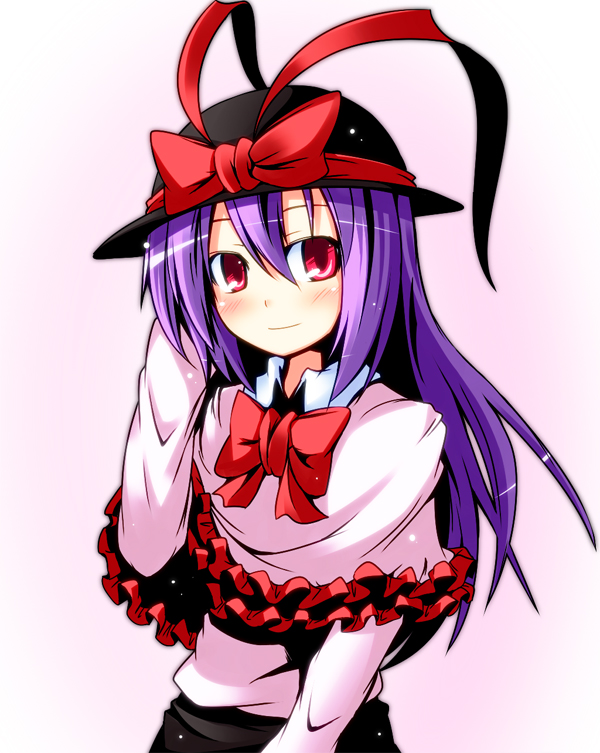 alternate_hairstyle blush capelet frills hat ichimi long_hair nagae_iku pink purple_hair red_eyes ribbon smile solo touhou