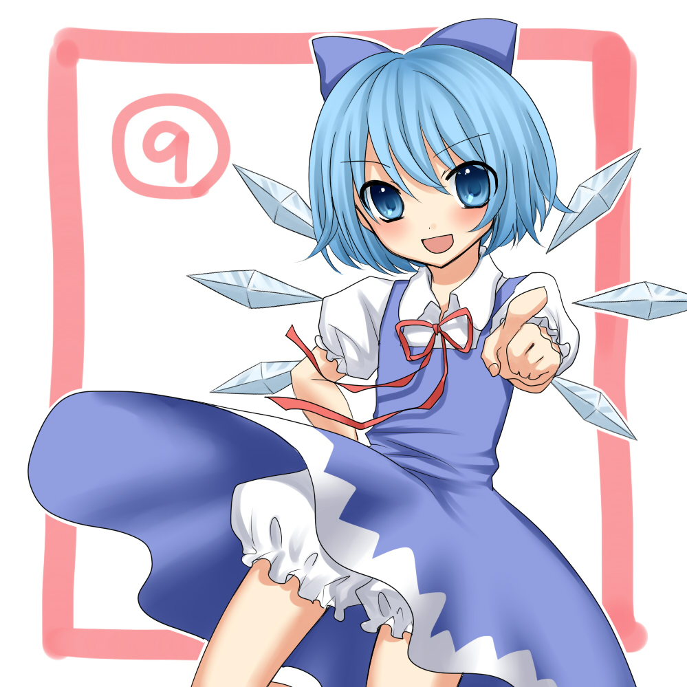 1girl bloomers blue_dress blue_eyes blue_hair blush bow cirno dress dress_lift hair_bow hand_on_hip ice pointing short_hair smile solo touhou underwear wind wind_lift wings yayoi_(egoistic_realism)