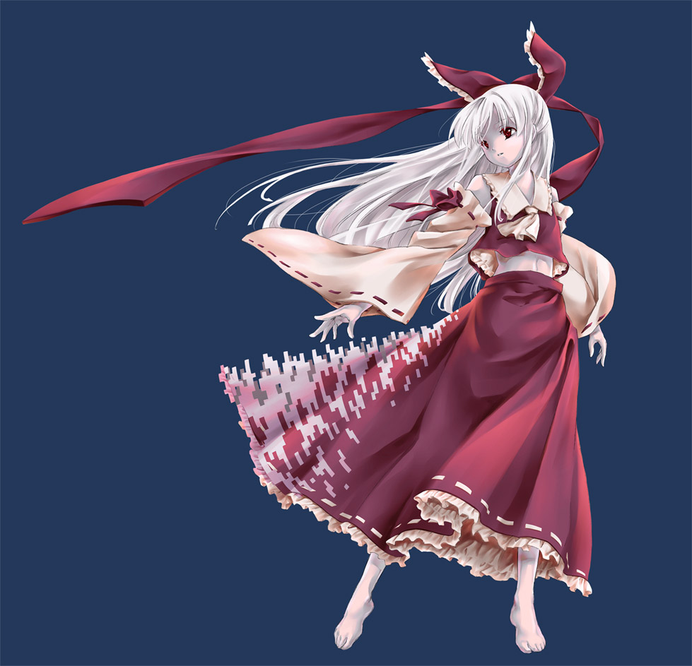 albino alternate_hair_color barefoot digital_dissolve feet full_body hakurei_reimu imo_(ryokyou) long_hair midriff navel outstretched_hand pale_skin red_eyes simple_background solo standing touhou white_hair