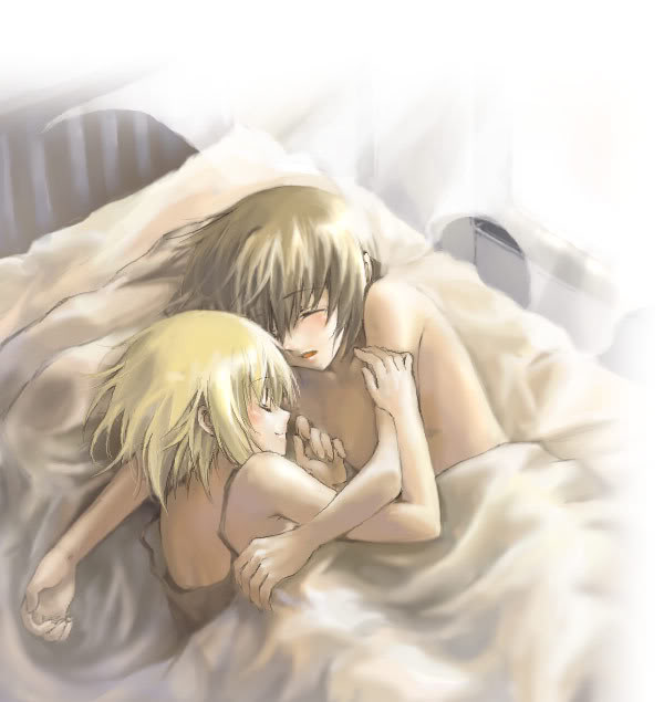 1girl artist_request bed blonde_hair brother_and_sister brown_hair cagalli_yula_athha gundam gundam_seed hands incest kira_yamato siblings sleeping