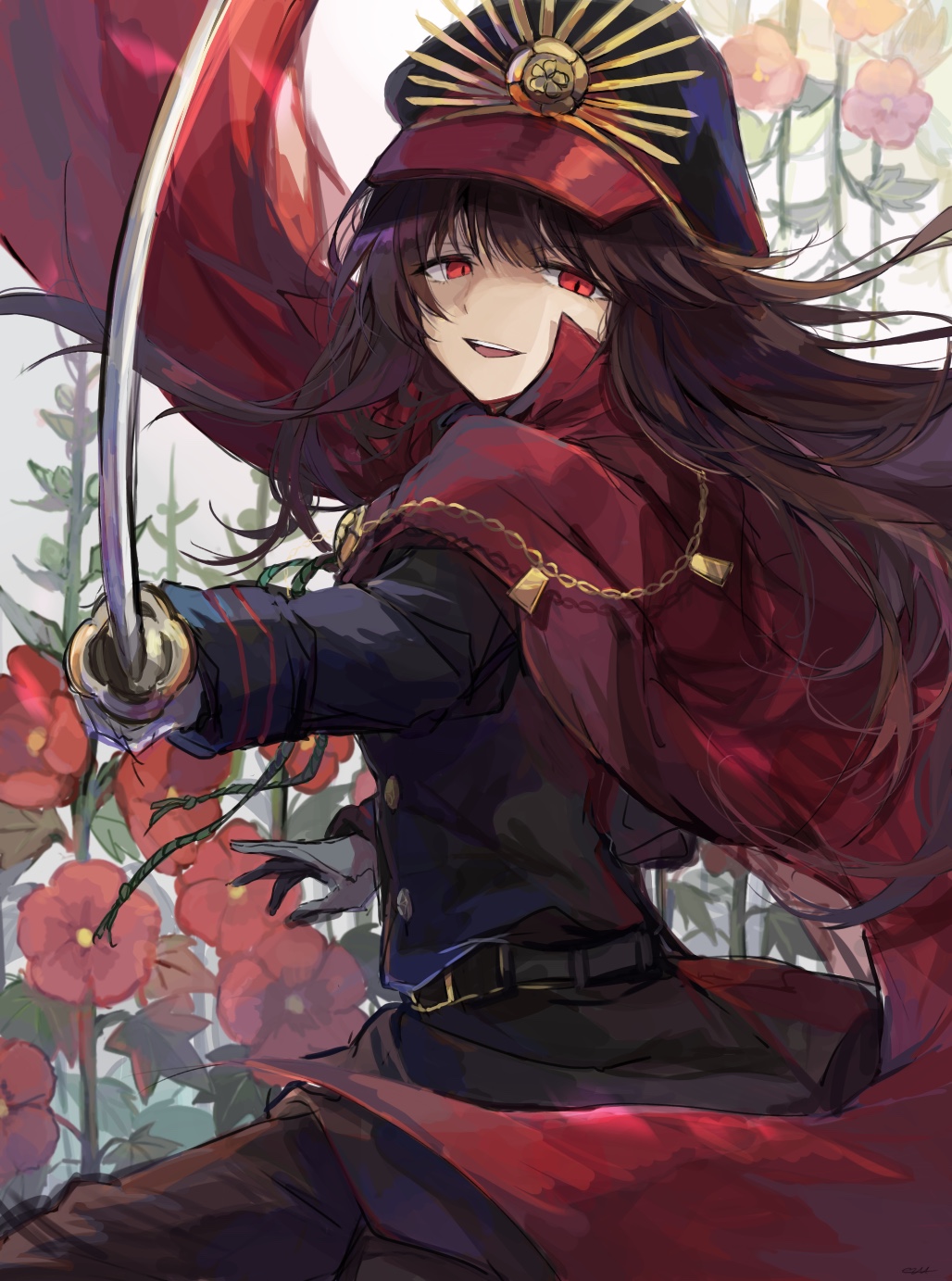 1girl aiguillette arm_up belt black_belt black_hat black_jacket black_pants brown_hair buttons chain cloak ezu_(e104mjd) fate/grand_order fate_(series) flower gloves gold_chain hair_between_eyes hat hat_ornament highres holding holding_sword holding_weapon jacket katana leaf long_hair long_sleeves looking_at_viewer military_hat military_jacket military_uniform oda_nobunaga_(fate) oda_uri open_mouth pants red_cloak red_eyes red_flower smile solo standing sword teeth uniform weapon white_background white_gloves