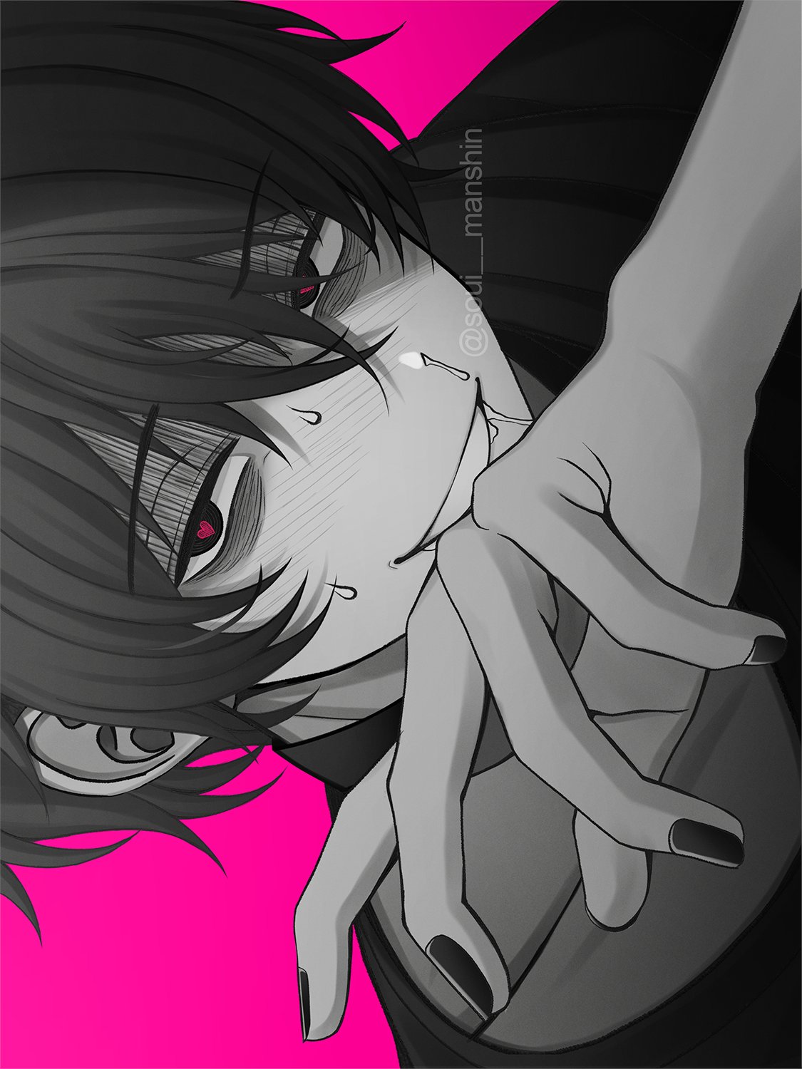 1boy blush grin hair_between_eyes heart heart-shaped_pupils highres looking_at_viewer male_focus monochrome nail_polish nose_blush original pink_background pink_pupils runny_nose saliva shaded_face sideways simple_background smile snot solo soui_manshin spot_color sweat symbol-shaped_pupils upper_body