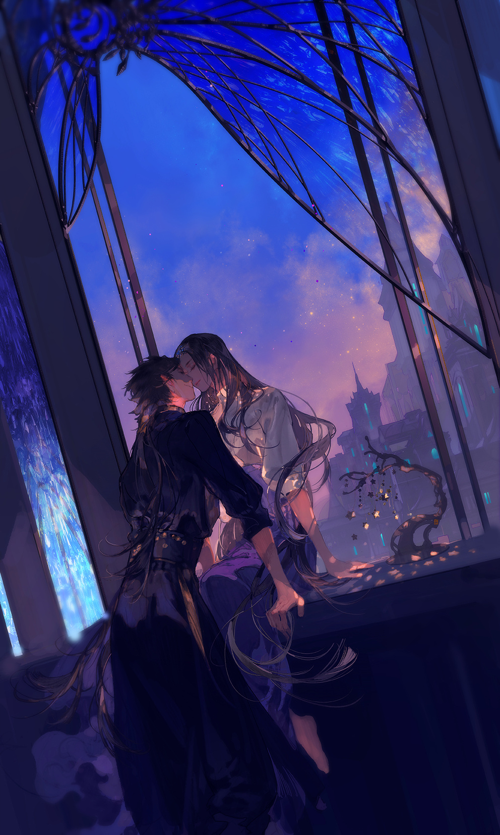 1boy 1girl black_hair city closed_eyes feet hair_ornament highres ibuki_satsuki imminent_kiss long_hair long_skirt night night_sky original ponytail sitting skirt sky tagme