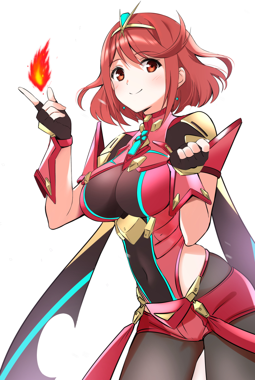 1girl armor arms_at_sides ass_visible_through_thighs backless_outfit black_gloves bob_cut breasts chest_jewel core_crystal_(xenoblade) drop_earrings earrings fingerless_gloves gloves hands_up highres impossible_clothes jewelry large_breasts misu_kasumi pantyhose pantyhose_under_shorts pyra_(xenoblade) red_eyes red_hair red_shorts short_hair short_shorts short_sleeves shorts shoulder_armor skindentation smile solo super_smash_bros. swept_bangs thighhighs thighhighs_over_pantyhose tiara xenoblade_chronicles_(series) xenoblade_chronicles_2