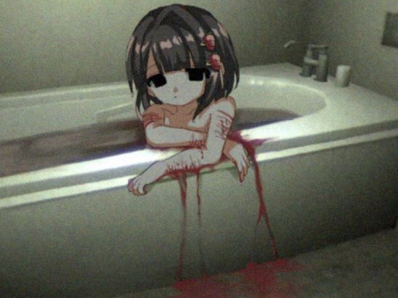 1girl bath bathroom bathtub black_eyes black_hair bleeding blood cuts expressionless food-themed_hair_ornament hair_ornament injury looking_at_viewer original self-harm shinsekai_(z_o10) short_hair solo strawberry_hair_ornament water wrist_cutting