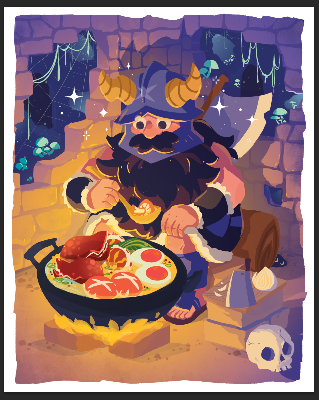 1boy beard brown_hair cooking dungeon_meshi dwarf egg_(food) facial_hair fake_horns food helmet horned_helmet horns indoors long_beard male_focus night night_sky prozdvoices senshi_(dungeon_meshi) sitting skull sky solo sparkling_aura thick_mustache very_long_beard wok