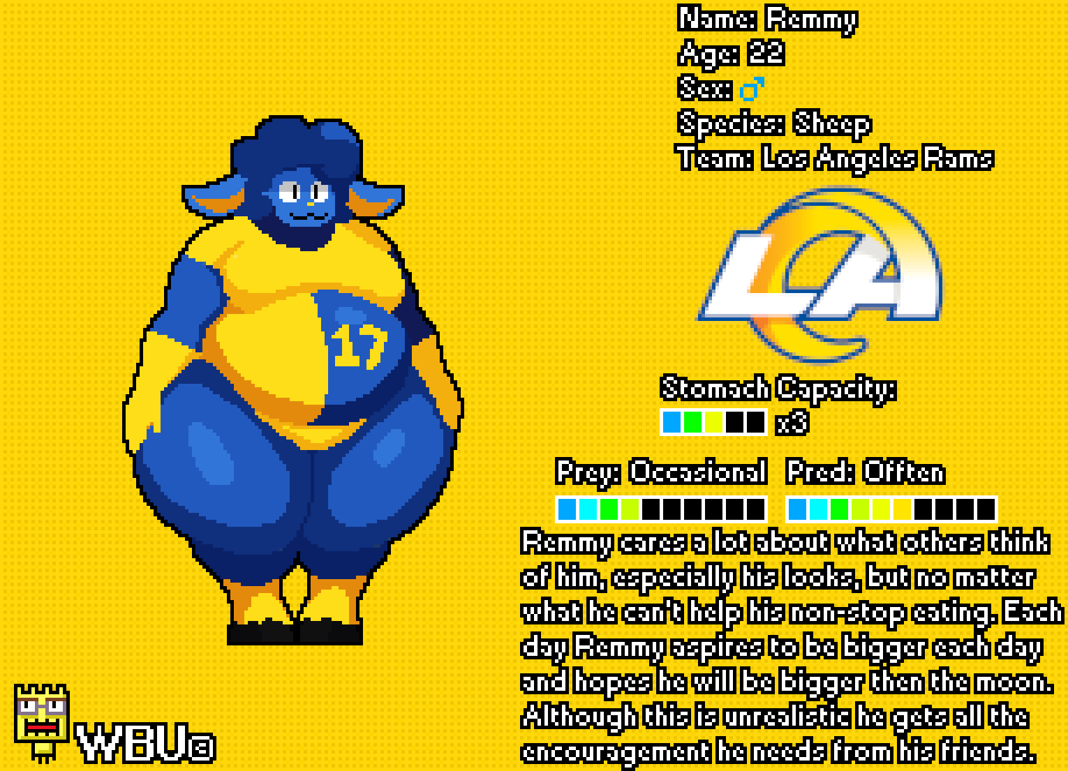 anthro belly big_belly blue_body blue_fur blue_hair blue_wool bovid caprine character_name clothing digital_media_(artwork) domestic_sheep english_text fluffy fluffy_hair fur gloves hair handwear hooves long_ears los_angeles_rams male mammal model_sheet moobs nfl number number_on_clothing overweight pixel_(artwork) remmy_(wbu) sheep simple_background slightly_chubby smile solo text thick_thighs wbu wide_hips wool_(disambiguation) wool_(fur)