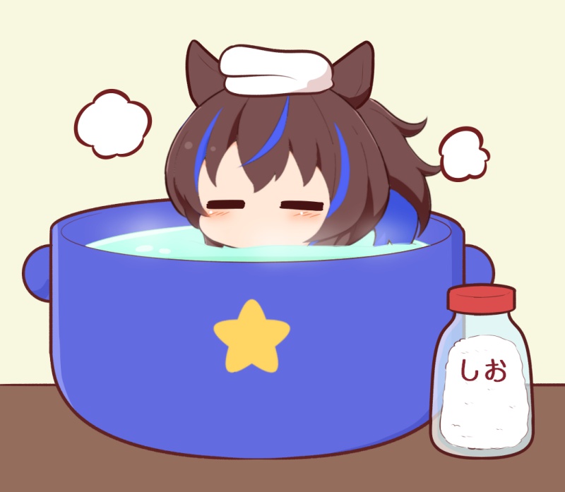 1girl animal_ears blue_hair blush_stickers brown_background brown_hair chibi closed_eyes daitaku_helios_(umamusume) gomashio_(goma_feet) horse_ears mini_person minigirl multicolored_hair partially_submerged side_ponytail simple_background solo star_(symbol) steam streaked_hair towel towel_on_head translation_request umamusume water