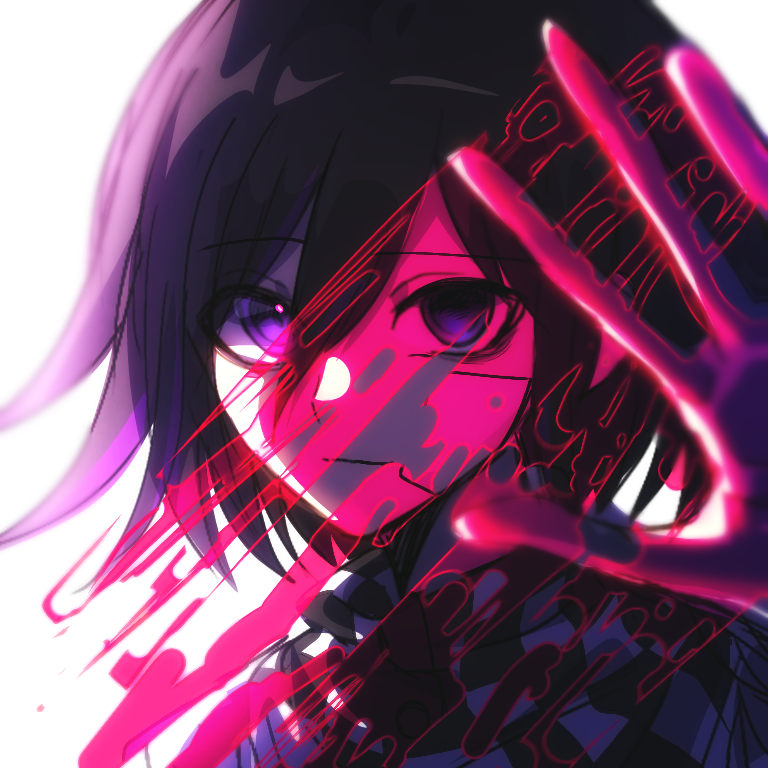 1boy backlighting blood blood_splatter checkered_clothes checkered_scarf closed_mouth commentary_request danganronpa_(series) danganronpa_v3:_killing_harmony expressionless flipped_hair foreshortening hair_between_eyes hand_up looking_at_viewer male_focus oma_kokichi pink_blood portrait purple_eyes purple_hair ringed_eyes scarf short_hair solo teruha_kurumi white_background wiping