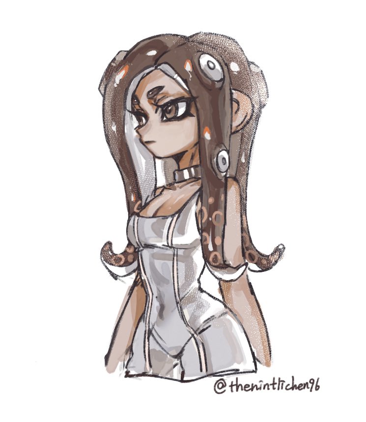 1girl agent_8_(splatoon) alternate_hair_length alternate_hairstyle arms_at_sides bodysuit breasts brown_eyes brown_hair cleavage closed_mouth commentary_request covered_navel cropped_legs from_side grey_choker long_hair looking_to_the_side octoling_girl octoling_player_character sleeveless sleeveless_bodysuit small_breasts solo splatoon_(series) splatoon_3 splatoon_3:_side_order suction_cups tentacle_hair thenintlichen96 thick_eyebrows twitter_username v-shaped_eyebrows white_background white_bodysuit