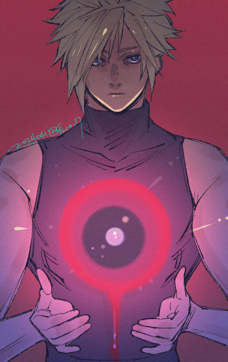 1boy bare_shoulders blonde_hair blue_eyes cloud_strife dated empty_eyes expressionless final_fantasy final_fantasy_vii final_fantasy_vii_rebirth final_fantasy_vii_remake grey_shirt hair_between_eyes highres looking_at_viewer male_focus materia red_background shirt short_hair sleeveless sleeveless_turtleneck solo spiked_hair turtleneck twitter_username upper_body wakakusa-e