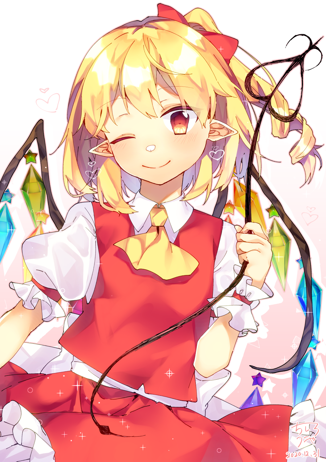 1girl ascot back_bow blonde_hair bow breasts chisiro_unya_(unya_draw) closed_mouth collared_shirt crystal dated flandre_scarlet frilled_skirt frilled_sleeves frills hair_bow heart highres holding laevatein_(touhou) large_bow light_smile looking_at_viewer medium_hair multicolored_wings no_headwear one_eye_closed one_side_up pointy_ears red_bow red_eyes red_ribbon red_skirt red_vest ribbon shirt simple_background skirt skirt_set sleeve_ribbon small_breasts solo touhou vest white_background white_bow white_shirt wings wrist_cuffs yellow_ascot