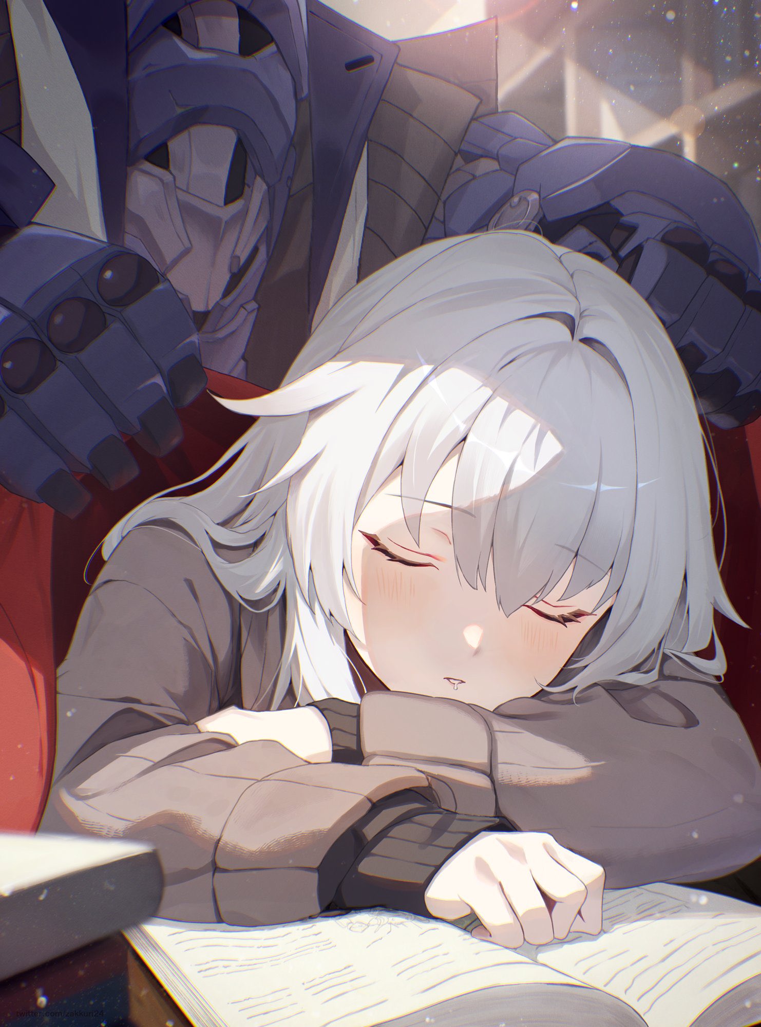 1girl book brown_sweater clara_(honkai:_star_rail) closed_eyes covering_with_blanket drooling highres honkai:_star_rail honkai_(series) long_hair mouth_drool open_book robot sleeping svarog_(honkai:_star_rail) sweater white_hair zakkuri