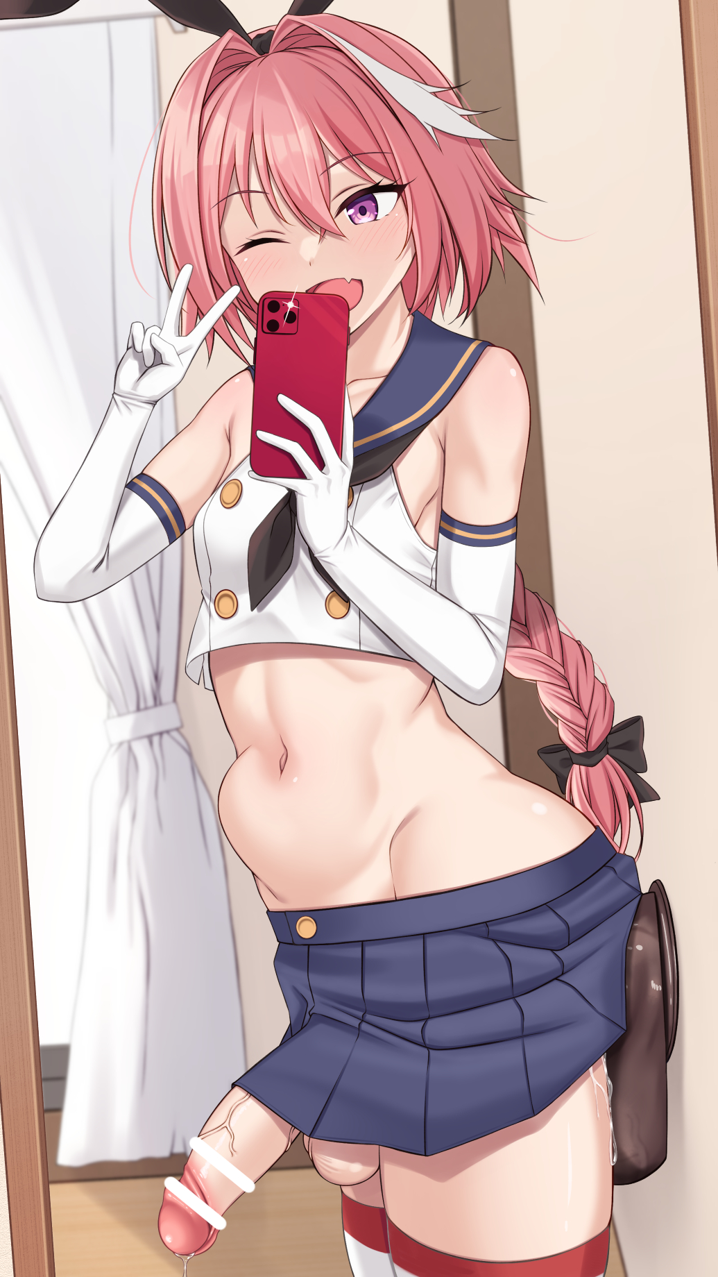 1boy ;d anal anal_object_insertion astolfo_(fate) bar_censor bare_shoulders braid braided_ponytail censored cosplay cowboy_shot crossdressing curtains dildo elbow_gloves fang fate_(series) gloves hair_between_eyes half-erect highres indoors kantai_collection midriff miniskirt mirror mobukichi navel object_insertion one_eye_closed penis puffy_chest purple_eyes selfie sex_toy shimakaze_(kancolle) shimakaze_(kancolle)_(cosplay) skin_fang skirt smile solo stomach_bulge suction_cup_dildo v veins veiny_penis white_gloves