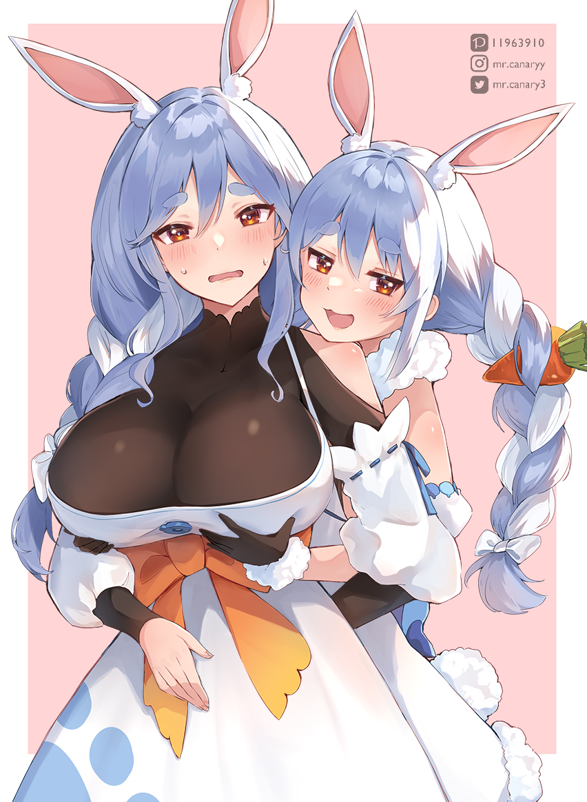 2girls animal_ear_fluff animal_ears black_bodysuit black_gloves blue_hair blush bodysuit bow braid braided_ponytail breasts carrot_hair_ornament cleavage don-chan_(usada_pekora) dress food-themed_hair_ornament fur-trimmed_dress fur-trimmed_gloves fur_trim gloves grabbing grabbing_another's_breast hair_bow hair_ornament hololive large_breasts looking_at_viewer mature_female mother_and_daughter mr.canaryy multicolored_hair multiple_girls open_mouth orange_eyes pekomama rabbit-shaped_pupils rabbit_ears rabbit_girl short_eyebrows smile streaked_hair symbol-shaped_pupils twin_braids usada_pekora usada_pekora_(1st_costume) virtual_youtuber white_bow white_dress white_hair