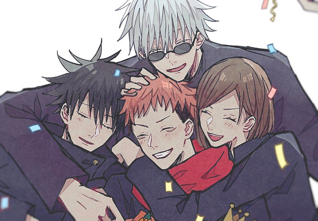 1girl 3boys ^_^ bad_id bad_twitter_id black_hair black_jacket close-up closed_eyes commentary_request confetti crown facial_mark fushiguro_megumi gojou_satoru hood hoodie hug itadori_yuuji jacket jujutsu_kaisen jujutsu_tech_uniform kugisaki_nobara multiple_boys pink_hair red_hoodie short_hair simple_background sunglasses swept_bangs undercut white_background white_hair xmqxc