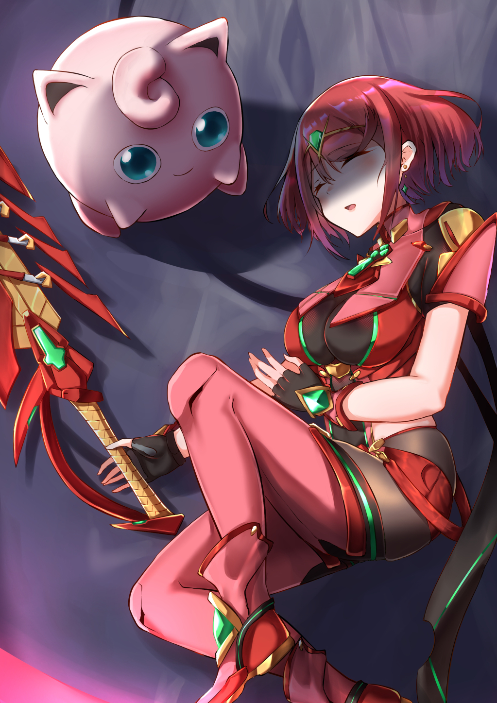 1girl aegis_sword_(xenoblade) animal_ears aqua_eyes armor ass_visible_through_thighs backless_outfit black_gloves bob_cut breasts cat_ears chest_jewel closed_eyes colored_skin core_crystal_(xenoblade) drop_earrings earrings fingerless_gloves gloves highres impossible_clothes jewelry jigglypuff large_breasts on_ground pantyhose pantyhose_under_shorts pink_skin pokemon pokemon_(creature) pyra_(xenoblade) red_hair red_shorts short_hair short_sleeves shorts shoulder_armor siebolds_demon skindentation sleeping super_smash_bros. swept_bangs thighhighs thighhighs_over_pantyhose tiara xenoblade_chronicles_(series) xenoblade_chronicles_2