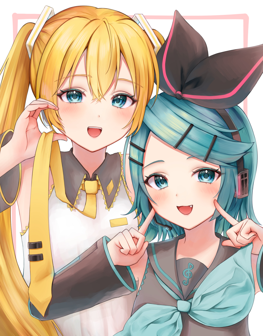 2girls :3 alternate_color aqua_eyes aqua_hair aqua_neckerchief black_collar black_sleeves blonde_hair blush bow_hairband cheek_poking collar collared_shirt color_switch detached_sleeves fang grey_sailor_collar grey_shirt hair_ornament hairband hairclip hand_up hatsune_miku headphones headset hisui_ame holding_necktie kagamine_rin long_hair long_sleeves looking_at_viewer medium_hair multiple_girls neckerchief necktie open_mouth palette_swap poking sailor_collar shirt sleeveless sleeveless_shirt smile treble_clef twintails very_long_hair vocaloid yellow_necktie