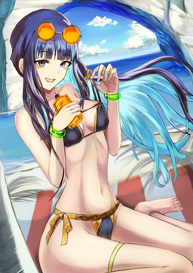 barefoot blue-tinted_eyewear colored_inner_hair eyewear_on_head facepaint fate/grand_order fate_(series) inugami86 multicolored_hair navel round_eyewear sunglasses swimsuit tenochtitlan_(fate) tinted_eyewear