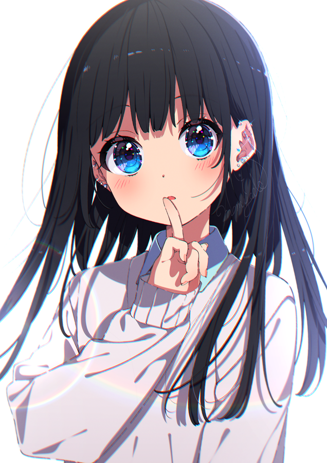 1girl black_hair blue_eyes blue_shirt blunt_bangs blush collared_shirt earrings finger_to_mouth glint grey_sweater hand_up jewelry long_hair long_sleeves looking_at_viewer mamyouda nail_polish original piercing shirt simple_background sleeves_past_wrists solo sweater upper_body white_background