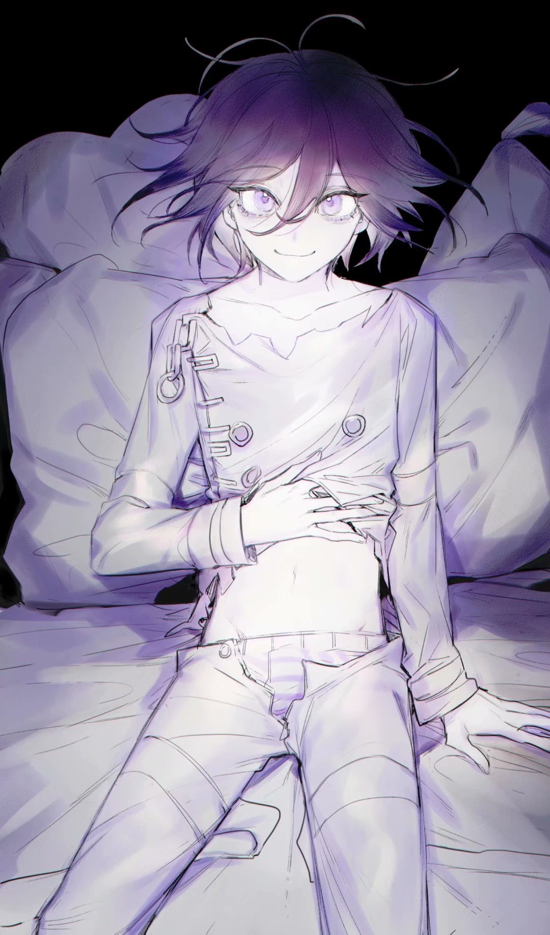 1boy arm_belt belt bulge buttons chain closed_mouth collarbone danganronpa_(series) danganronpa_v3:_killing_harmony dark double-breasted eyelashes full_body hair_between_eyes hand_on_own_stomach highres kneeling long_sleeves looking_at_viewer male_focus male_underwear messy_hair multicolored_buttons multiple_belts navel no_scarf oma_kokichi on_bed open_belt pale_skin pants pillow purple_eyes purple_hair shirt short_hair smile solo stomach striped_male_underwear thigh_belt thigh_strap tian_(my_dear) underwear unzipped white_belt white_male_underwear white_pants white_shirt white_sleeves