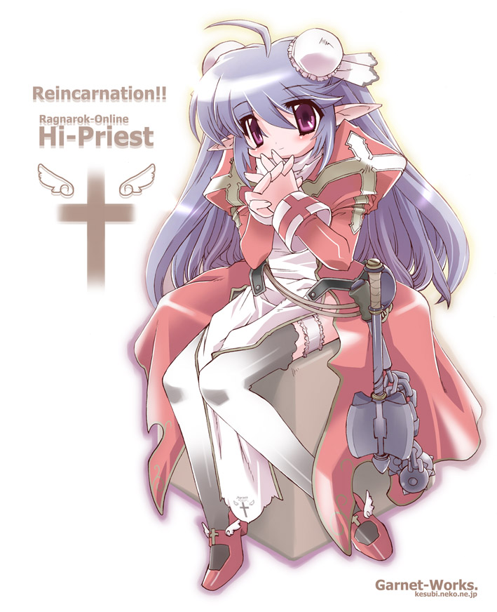 ahoge blush box dress full_body high_priest juliet_sleeves long_hair long_sleeves mary_janes puffy_sleeves ragnarok_online red_dress red_eyes red_hair shoes sitting solo text_focus thighhighs very_long_hair white_background