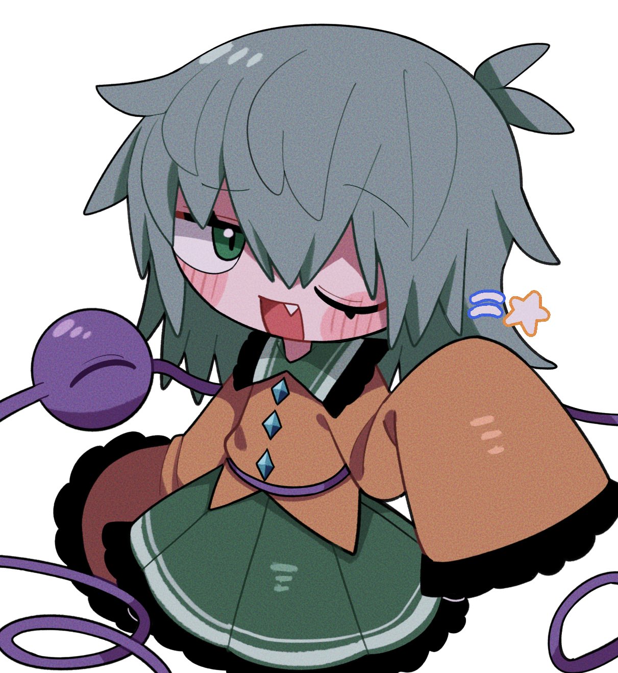 1girl blush buttons diamond_button fang frilled_shirt_collar frilled_skirt frilled_sleeves frills green_eyes green_hair green_skirt highres komeiji_koishi long_sleeves one_eye_closed open_mouth shirt skirt third_eye touhou wide_sleeves wink_star yellow_shirt zunusama