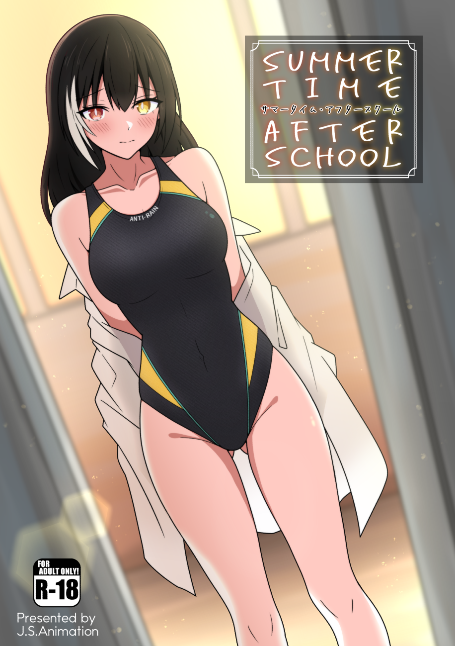 1girl black_hair black_one-piece_swimsuit breasts collared_shirt competition_swimsuit cover dress_shirt feet_out_of_frame girls'_frontline gotoo heterochromia highres long_hair medium_breasts multicolored_hair one-piece_swimsuit open_clothes open_shirt red_eyes ro635_(girls'_frontline) shirt solo standing streaked_hair swimsuit two-tone_swimsuit white_shirt yellow_eyes