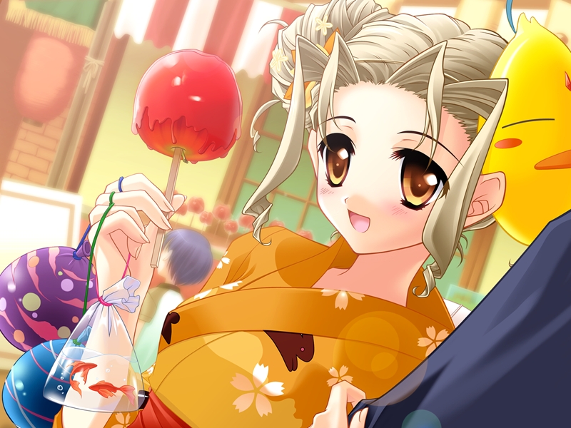 apple ballons balloon blonde_hair brown_eyes candy_apple carnelian festival fish food fruit goldfish japanese_clothes kanami kimono yukata
