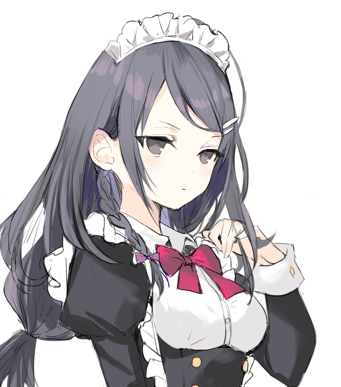 1girl artist_request black_eyes black_hair bow bowtie braid breasts closed_mouth commentary_request frown hair_ornament hair_tie hairclip hand_up highres kimishima_ayano light_blush long_hair maid maid_headdress red_bow red_bowtie simple_background sketch solo tokidoki_bosotto_roshia-go_de_dereru_tonari_no_arya-san white_background wing_collar