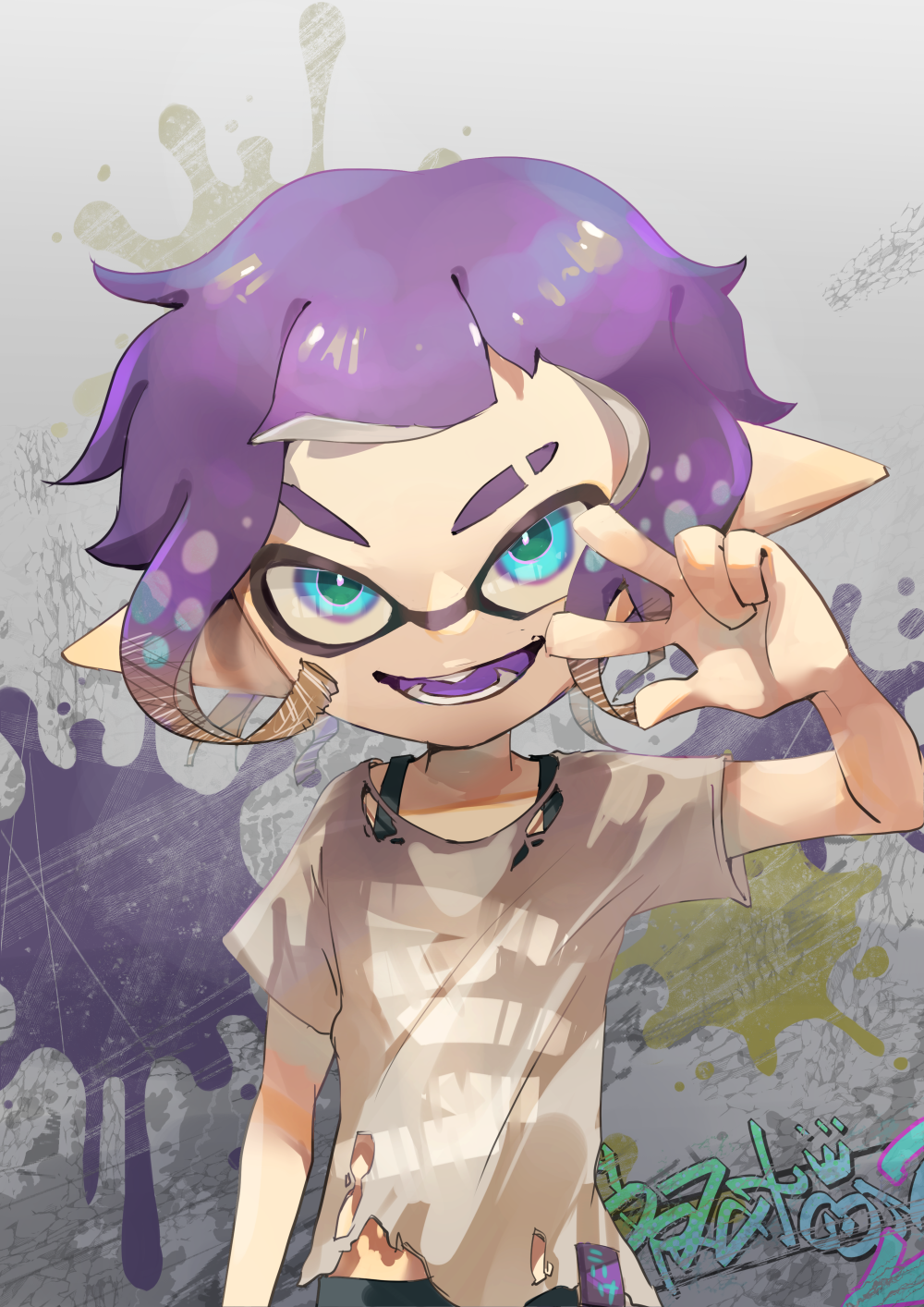 1girl :d arm_at_side blue_eyes colored_tongue eyebrow_cut graffiti grey_shirt hand_up highres inkling_girl inkling_player_character koike3582 open_mouth paint_splatter pointy_ears purple_hair purple_tongue shirt short_hair short_sleeves smile solo splatoon_(series) tentacle_hair torn_clothes torn_shirt