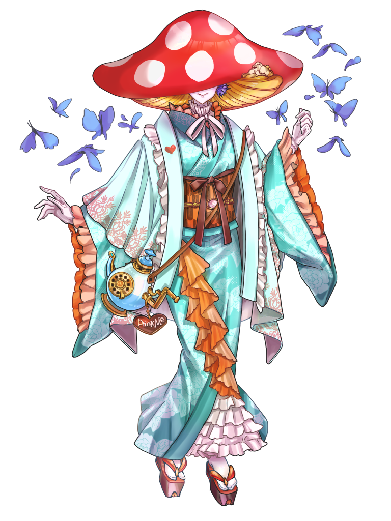 1girl blue_butterfly blue_kimono bug butterfly dairoku_ryouhei drink_me facing_viewer frills full_body japanese_clothes kimono mushroom_hat petit_grande platform_footwear ribbon sandals se00tu smile socks standing teapot transparent_background white_ribbon white_socks wide_sleeves