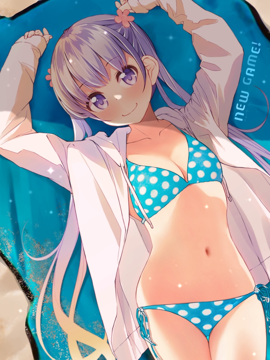 1girl bikini blue_bikini breasts chuutaro_metal cowboy_shot hood hooded_jacket jacket long_hair looking_at_viewer lying navel new_game! open_clothes open_jacket polka_dot polka_dot_bikini purple_eyes purple_hair side-tie_bikini_bottom small_breasts smile solo suzukaze_aoba swimsuit twintails white_jacket