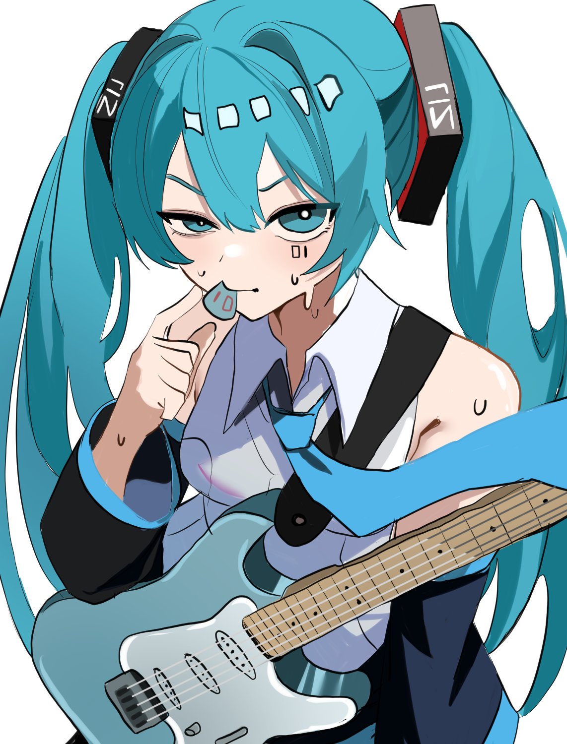 1girl aqua_eyes aqua_hair bare_shoulders black_sleeves blue_necktie bright_pupils closed_mouth collared_shirt commentary detached_sleeves electric_guitar guitar hair_between_eyes hair_ornament half-closed_eye hand_up hatsune_miku highres instrument long_hair long_sleeves looking_at_viewer mouth_hold mykokampfwagen necktie plectrum shirt simple_background sleeveless sleeveless_shirt solo sweat twintails upper_body very_long_hair vocaloid white_background white_pupils white_shirt