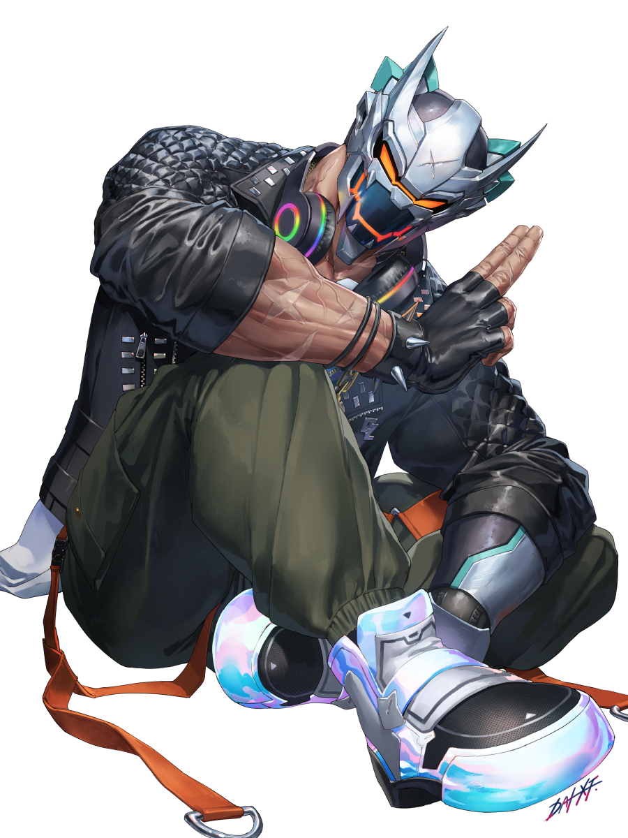 1boy bara bracelet brown_pants dai-xt danzo_(live_a_hero) fingerless_gloves full_body gloves headphones headphones_around_neck helmet highres jacket jewelry kuji-in leather leather_jacket live_a_hero male_focus muscular muscular_male pants scar scar_on_arm shoes signature simple_background sitting sneakers solo spiked_bracelet spikes veiny_neck white_background