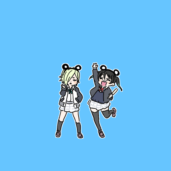 2girls arm_up black_hair black_jacket black_socks black_thighhighs blonde_hair blue_background brown_footwear closed_eyes commentary_request glowstick hair_over_one_eye hand_in_pocket holding_glowstick jacket long_sleeves love_live! love_live!_nijigasaki_high_school_idol_club mia_taylor multiple_girls nijigasaki_academy_school_uniform open_mouth penlight_(glowstick) plaid plaid_skirt school_uniform shinanoya_(satanicad) shirt short_hair skirt socks standing standing_on_one_leg takasaki_yu thighhighs twintails white_jacket white_shirt white_skirt winter_uniform