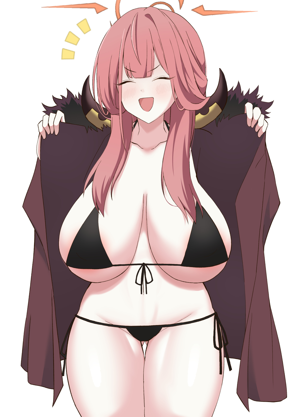 1girl aru_(blue_archive) ayumu_(ayumu3659) bikini black_bikini blue_archive blush breasts brown_coat cleavage closed_eyes coat coat_on_shoulders fur-trimmed_coat fur_trim halo highres horns large_breasts long_hair navel open_mouth pink_hair smile swimsuit thighs