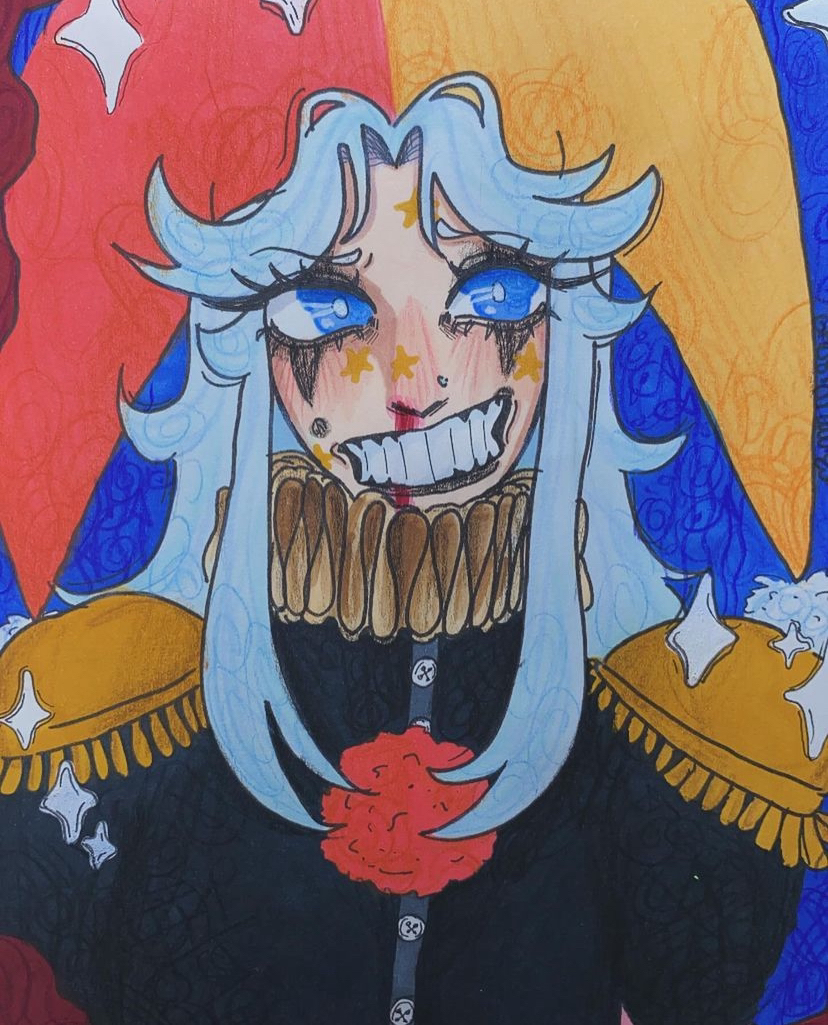 blood blue_background clown nosebleed original real_life smile white_hair