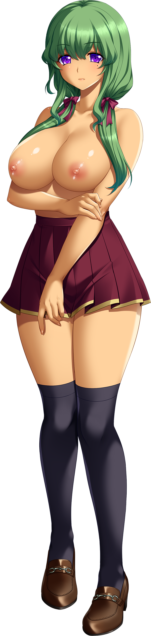 1girl absurdres akagi_rio arm_grab black_thighhighs breasts brown_footwear full_body green_hair hair_over_shoulder high-waist_skirt highres huge_breasts kutsujoku loafers long_hair looking_at_viewer miniskirt mole mole_under_eye nipples nitou_tomoe non-web_source official_art over-kneehighs photoshop_(medium) pleated_skirt purple_eyes red_skirt shoes skirt solo tachi-e tall_image thighhighs transparent_background twintails
