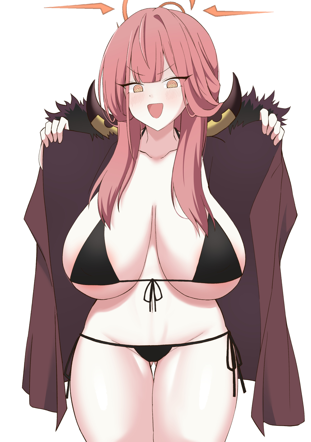 1girl aru_(blue_archive) ayumu_(ayumu3659) bikini black_bikini blue_archive blush breasts brown_coat cleavage coat coat_on_shoulders fur-trimmed_coat fur_trim halo highres horns large_breasts long_hair navel open_mouth pink_hair smile swimsuit thighs yellow_eyes